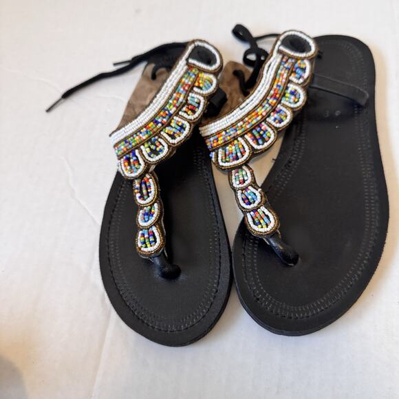 AUTHENTIC Multicolor Beaded Sandals Handmade Masai Kenya Intricate Size 8 - Picture 3 of 7